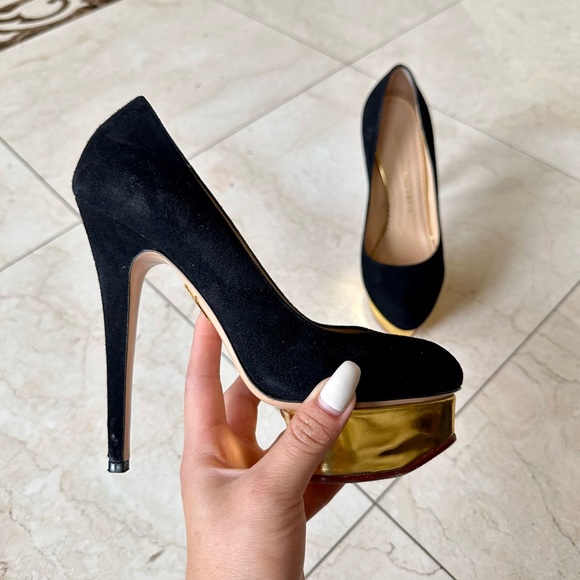 Charlotte Olympia Black Suede Gold Platform Pumps Heels 37.5 - Picture 4 of 7